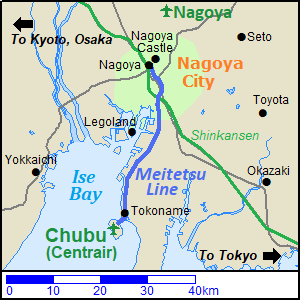 Map of the railway route from Nagoya to Chubu International Airport (Centrair)