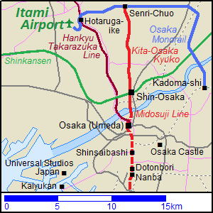 Map of the railway routes from Osaka to Itami Airport