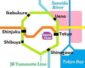 Map of east side of Yamanote Line of Tokyo