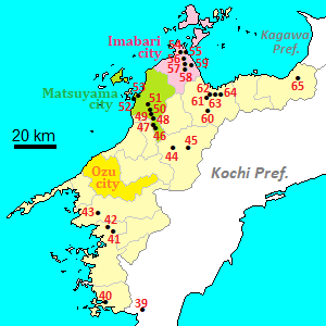 Map of temples for the pilgrimage in Ehime Prefecture