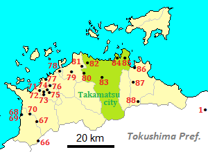 Map of temples for the pilgrimage in Kagawa Prefecture