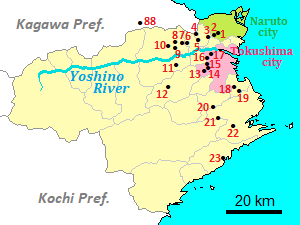 Map of temples for the pilgrimage in Tokushima Prefecture