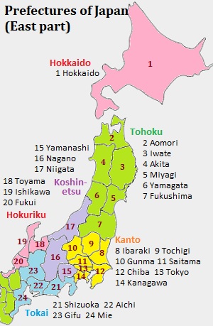 The map of prefectures in the east part of Japan