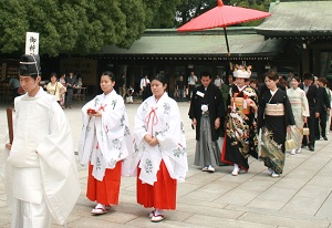 Japanese-style wedding ceremony in Meiji-jingu shrine in Tokyo