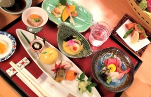 Many dishes on a table at a Kaiseki dinner