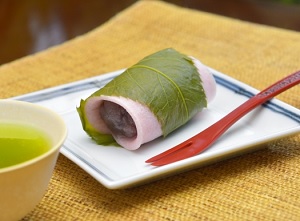 Sakura-mochi on a dish, a Japanese confection