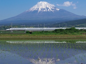 Shinkansen train running around Mt.Fuji