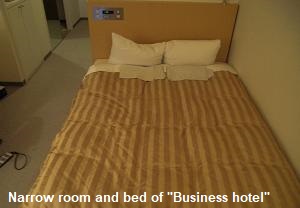Narrow room and bed of Business hotel