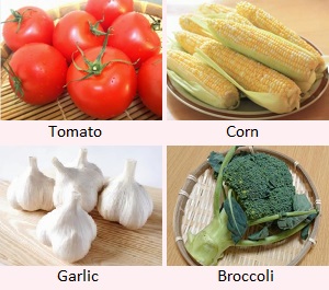Tomato, Corn, Garlic, Broccoli
