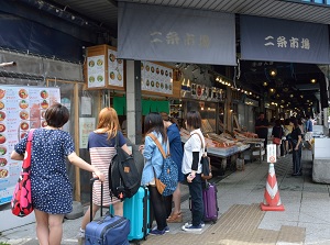 Tourists in front of a restaurant in Nijo Market