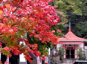 Autumn leaves around a temple in Jozankei