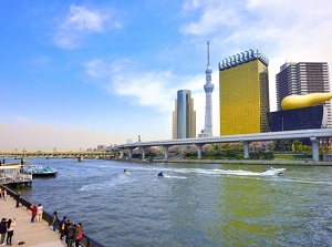 Sumida River, the pier and Tokyo Sky Tree