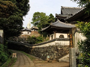 Street with temples and a church in Hirado